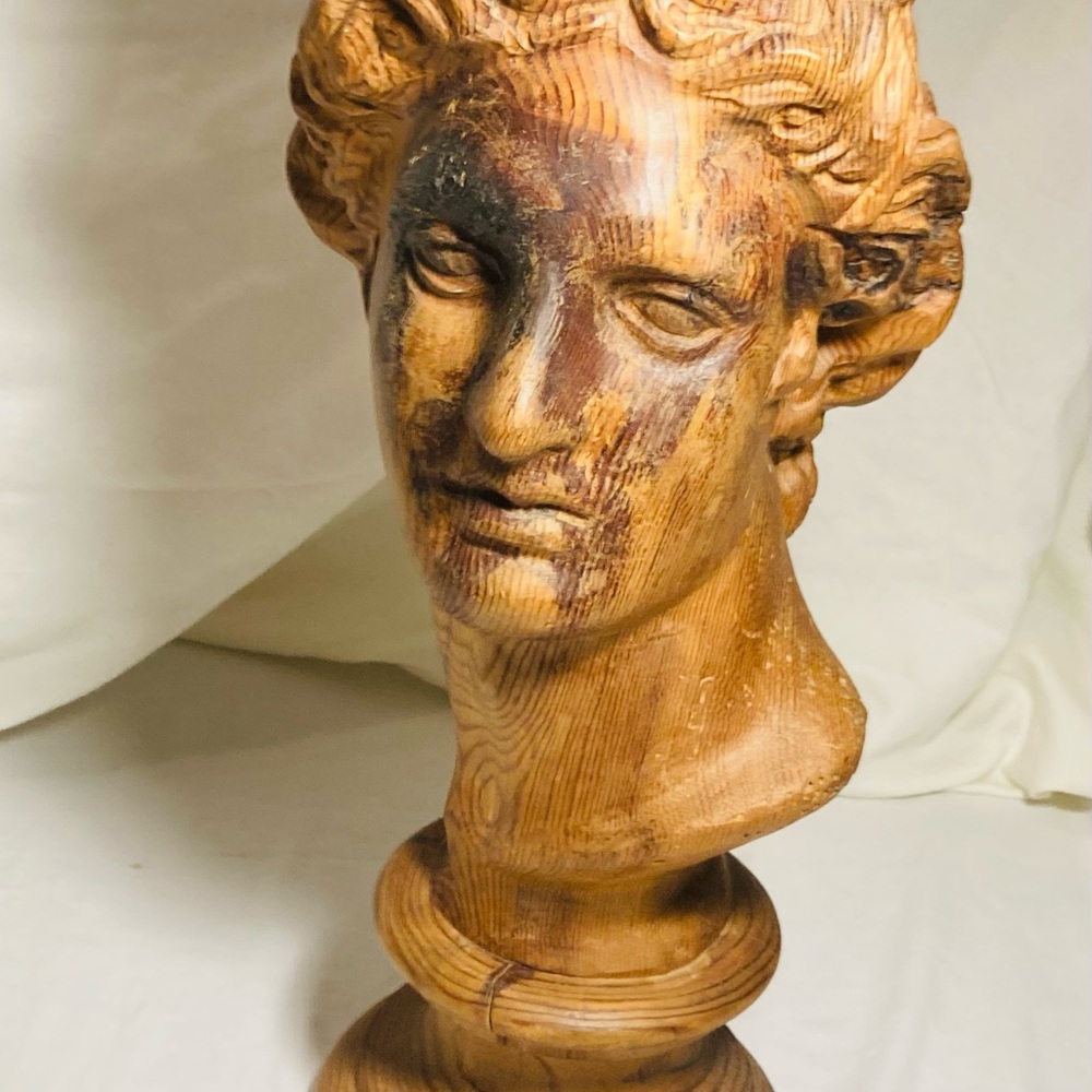 Vintage wood hand carved bust of mythic god Apollo of music poetry art & war